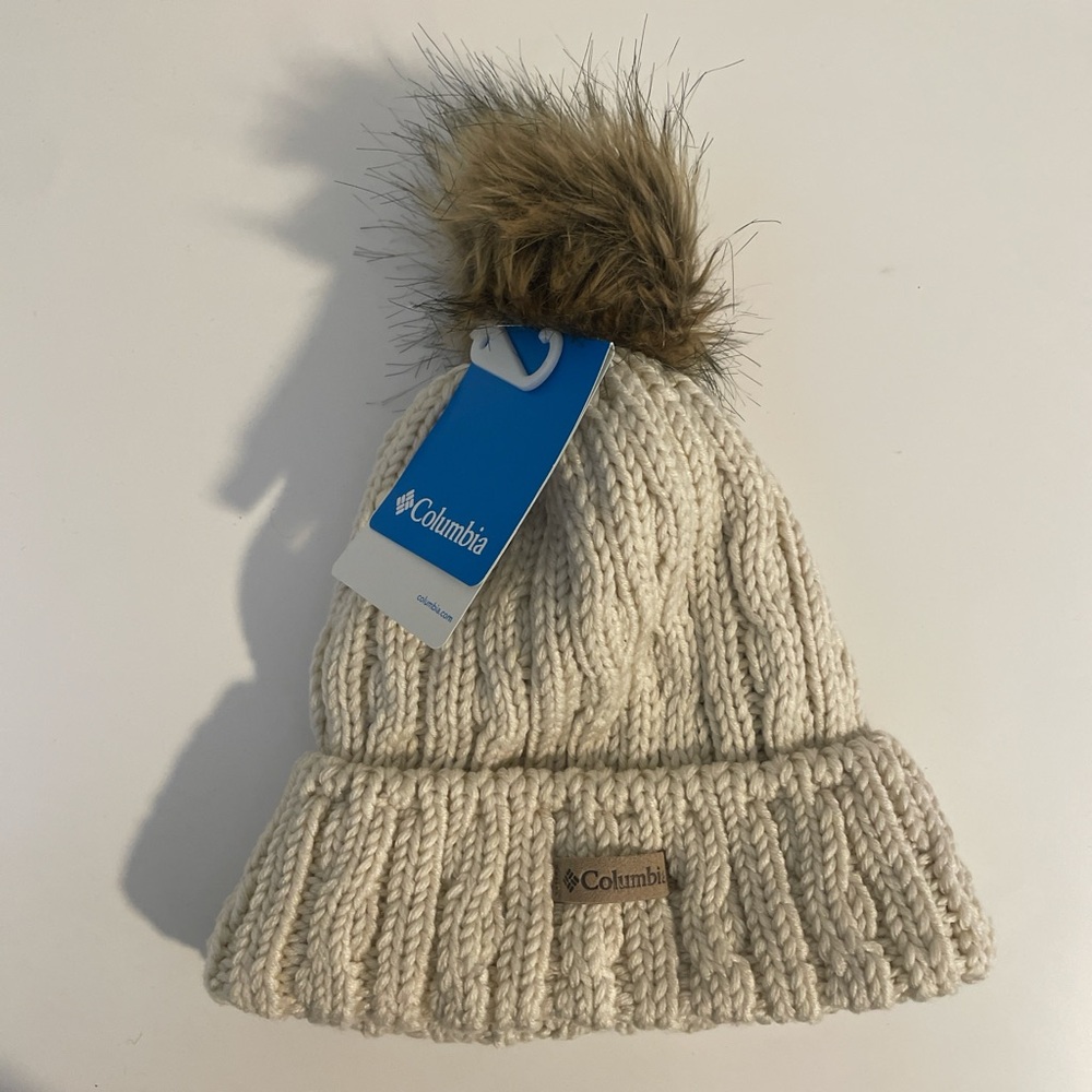 Fleece-Lined Knit Beanie - Columbia - Cream - Faux Fur Pom Pom - Unisex One Size